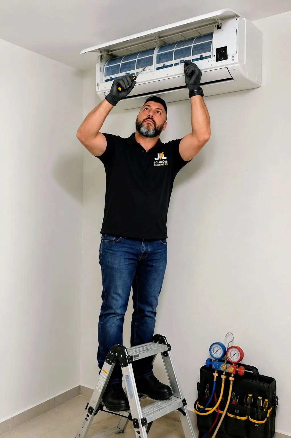 Eletricista na escada limpando um ar-condicionado split