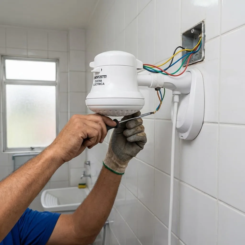 Mãos instalando um chuveiro elétrico