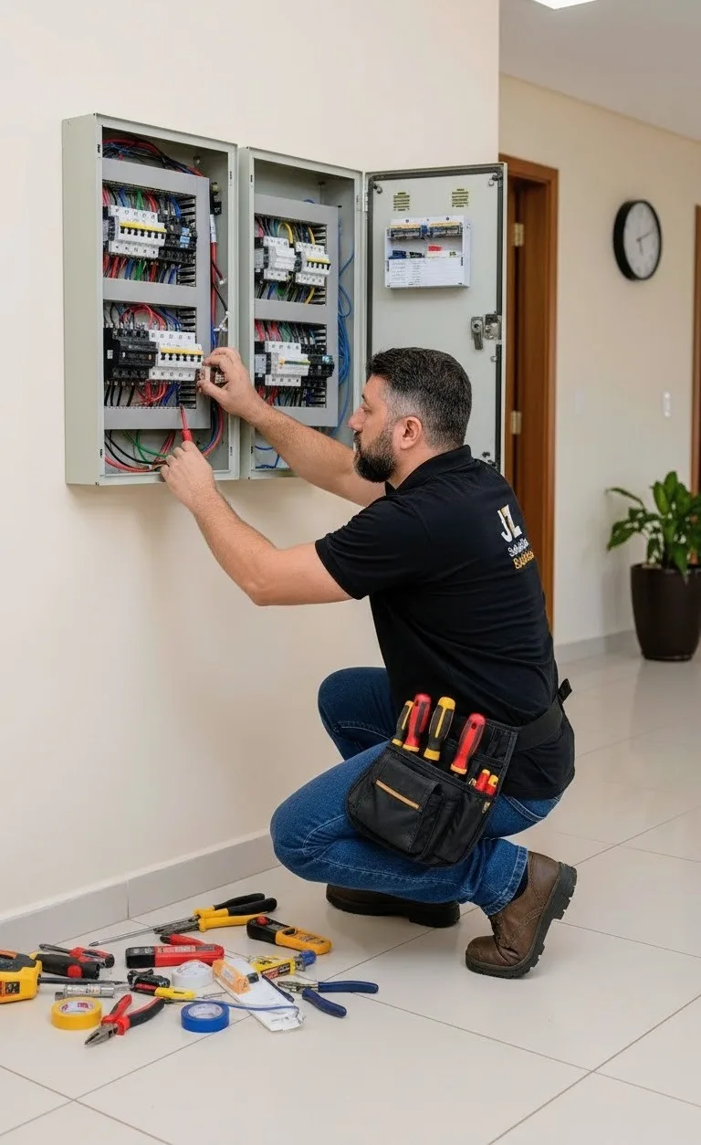 Eletricista agachado diante de dois quadros de distribuição abertos